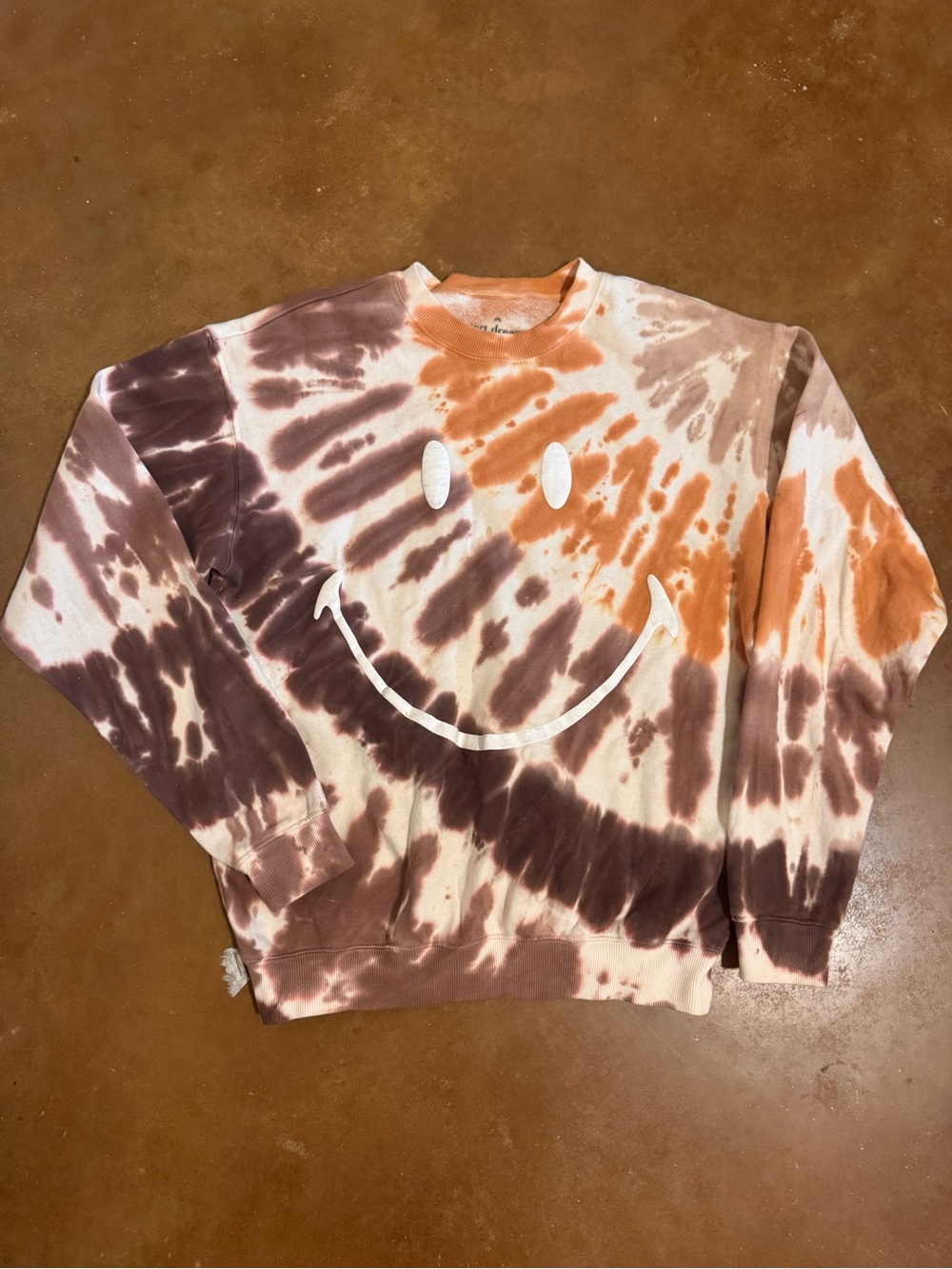 Desert Dreamer Tie-Dye Smiley Crewneck Sweatshirt - Brown & Orange